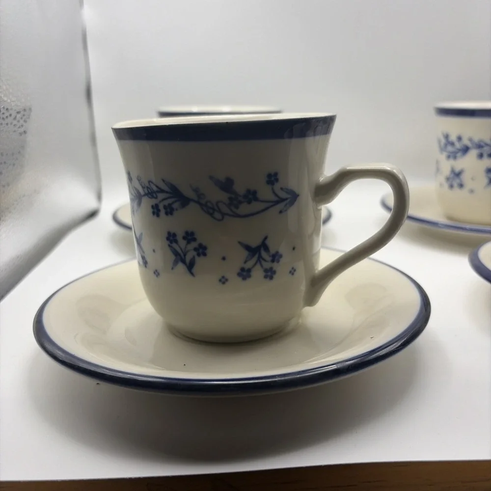 4 Sango Provence 260 Bouquet Blue Coffee Tea Cups & Saucers French Country Set